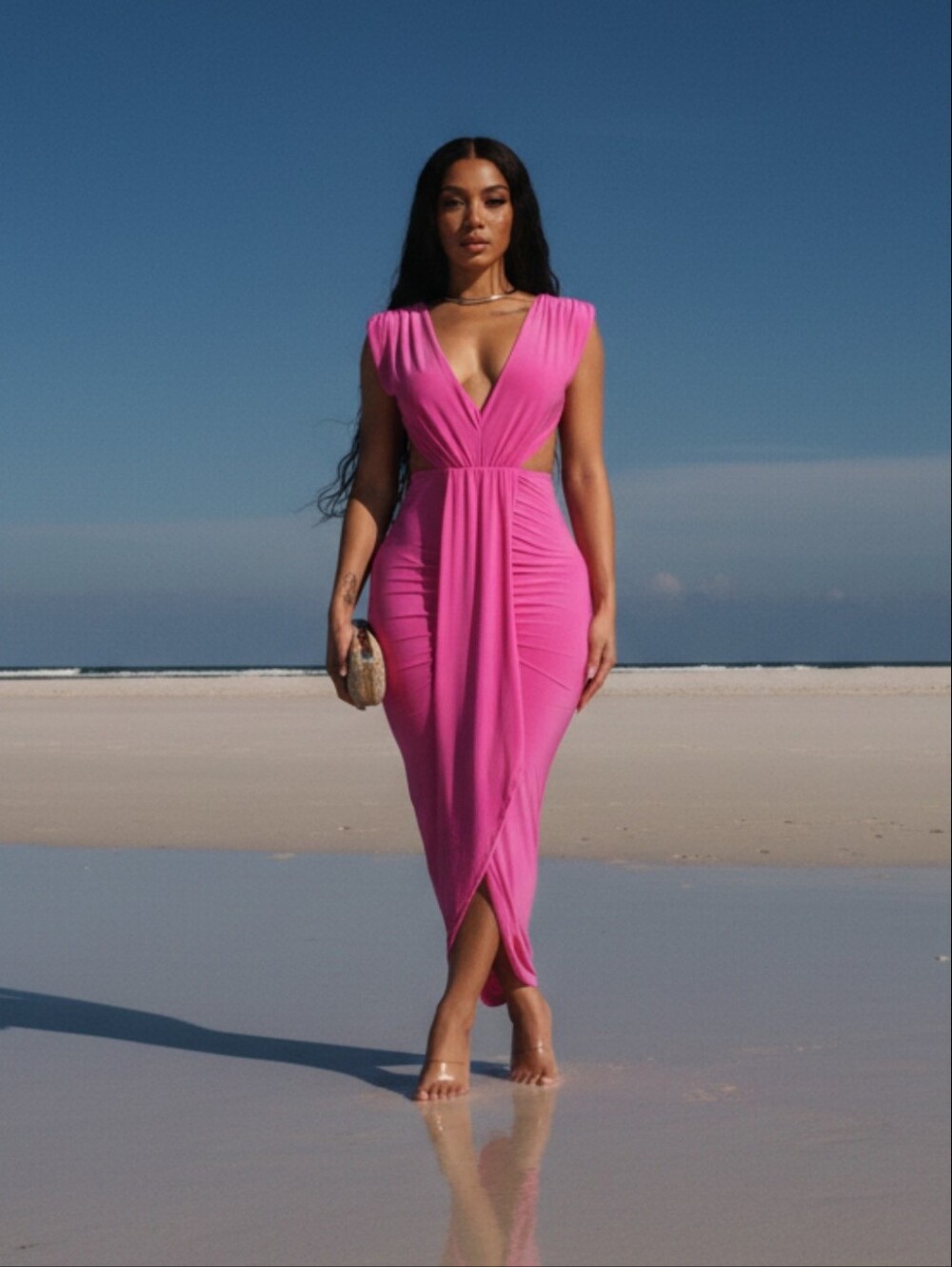 Elegant Pink V-Neck Ruched Midi Dress
